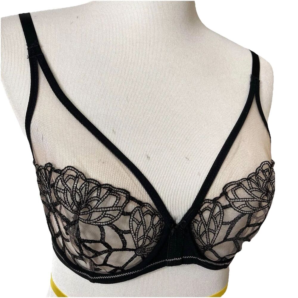 Simone Perele Bra 32D Underwire Black Lace Unlined Semi Sheer 12G319 Sexy - Picture 2 of 15